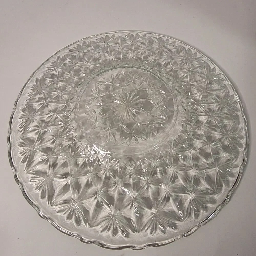 Vintage Clear Pressed Glass Round Serving Platter Starburst Floral 12 Inch